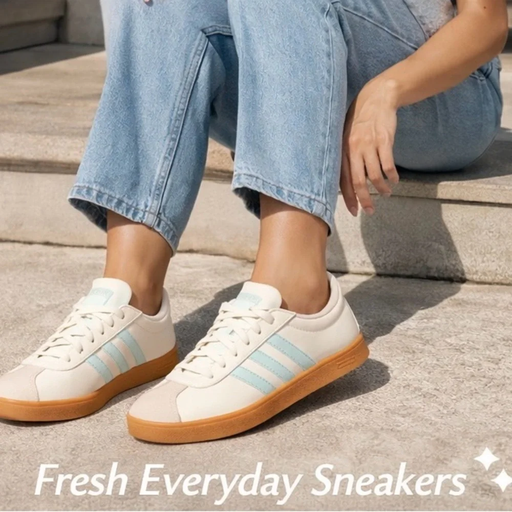 Adidas VL Court Base Sneakers Women’s Size 9 Cream Mint Gum Sole NIB